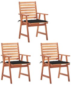 Cadeiras de jantar p/ jardim 3 pcs c/ almofadões acácia maciça