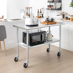 Mesa de preparação cozinha aço inoxidável com 4 rodas pernas galvanizadas prateleira ajustável para cozinha 122 x 61 x 89 cm Prateado