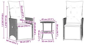 3 pcs conjunto bistrô com almofadões vime PE castanho