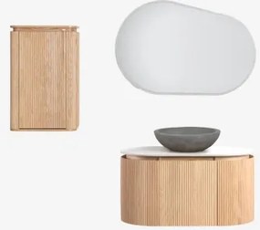 Conjunto De Móvel De Casa De Banho Suspenso 90x50 Cm Em Madeira Carsone Madeira Natural & Madeira Natural & Cimento Cinzento Redondo Ø40 Cm - Sklum