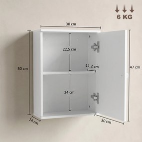 Armário de Parede para Casa de Banho com Porta de Fecho Suave e Prateleira Ajustável para Cozinha e Lavandaria 30x14x50 cm Branco