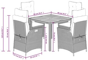5 pcs conjunto de jantar p/ jardim c/ almofadões vime PE preto