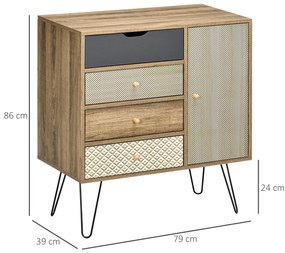 Cómoda com 4 Gavetas Gaveteiro de Madeira com Porta Prateleira Ajustável e Pés de Metal para Sala de Estar Dormitório Cozinha 79x39x86cm Castanho