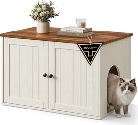 Móvel para caixa de areia 80 x 50 x 50 cm com portas de abertura por pressão e casinha para gatos Branco vintage - Castanho mel