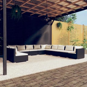 11 pcs conjunto lounge de jardim c/ almofadões vime PE preto