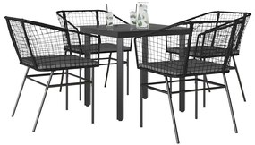 Conjunto de jantar jardim 5 peças almofadas vidro vime PE preto