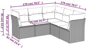 5 pcs conjunto sofás de jardim c/ almofadões vime PE cinzento