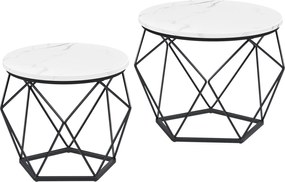 Conjunto de 2 mesas de centro redondas modernas em branco imitação mármore  e preto