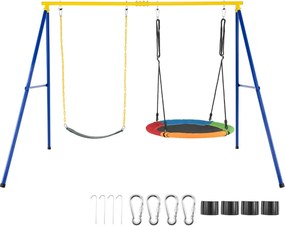 Conjunto de estrutura metálica para baloiço com capacidade para 250 kg, incluindo 2 baloiços elásticos e um disco voador, para jardim, pátio ou espaço