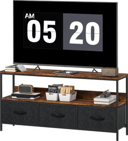 Móvel de TV, móvel para televisores até 55 polegadas, com 3 gavetas e pés em aço, 120 x 29 x 56 cm, castanho rústico
