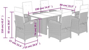 7 pcs conjunto de jantar p/ jardim c/ almofadões vime PE cinza