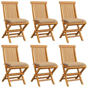 Cadeiras de jardim c/ almofadões beges 6 pcs teca maciça
