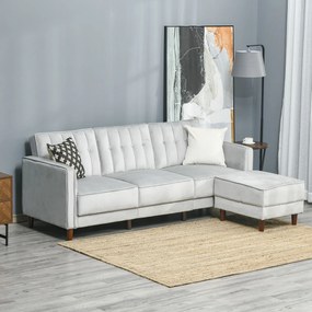 HOMCOM Sofá Cama com Chaise Longue de 3 Lugares Tato Aveludado com Encosto Ajustável e Apoio para os Pés Móvel 218x85x86cm Cinza Claro