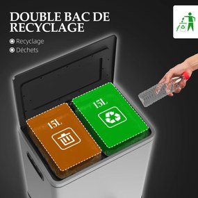 Caixote do lixo de cozinha com 2 compartimentos de 2 x 15 L, com pedal, em aço inoxidável, com tampa de fecho suave prateado