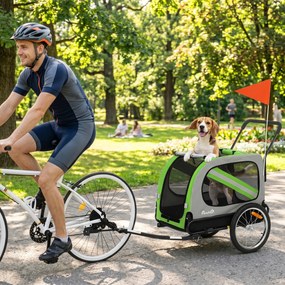 Reboque de Bicicleta para Cães 2 em 1 com Carrinho de Transporte, Refletores e Bandeira de Segurança, Verde