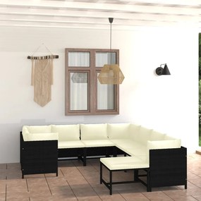 9 pcs conjunto lounge de jardim c/ almofadões vime PE preto