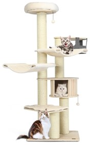 Arranhador de gato multinível de 197 cm, redes e cesto de jogo suspenso, casa de gato vertical branco
