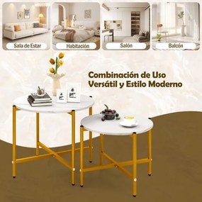 Conjunto de 2 mesas de centro redondas com tampo em imitação de mármore brancas