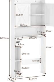 Armário de casa de banho sobre a sanita 81,5 cm x 19,5 cm x 172,5 cm com porta dupla Porta-papel higiênico e prateleira ajustável Branco