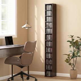 Conjunto de 2 prateleiras verticais para arrumação de CDs e DVDs, com 12 compartimentos, 21 x 22,5 x 88,5 cm, capacidade para 204 CDs, castanho