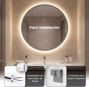 Espelho de casa de banho LED redondo de 60 cm com 3 cores de luz, regulação da intensidade, antiembaciamento e memória Prata