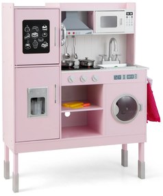 Cozinha infantil ajustável de madeira com máquina de lavar - rosa