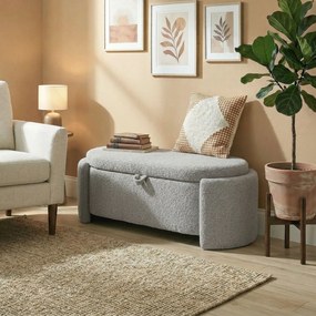 Puff de Armazenamento Banco Ovalado 129x48,5x44 cm Estofado em Tecido Teddy Capacidade 200 kg Cinzento Claro