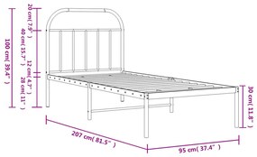 Estrutura de cama com cabeceira 90x200 cm metal preto