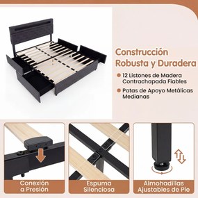 Estrutura de cama 140x200 cm (COLCHÃO NÃO INCLUIDO) com LED USB, estofado, gavetas, cabeceira ajustável, espaço de arrumação, ripas de madeira, não ne