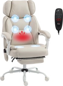 Cadeira de alto encosto com massagem vibratória e aquecimento, ergonómica, reclinável, com apoio para os pés, creme branco