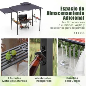 Tenda para Churrasco (Não Incluido) com grelha de 318 x 153 cm Toldo lateral Parte superior de 2 níveis 2 prateleiras laterais Estrutura em metal Cinz