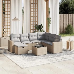 vidaXL 8 pcs conj. sofás jardim c/ almofadões vime PE bege misturado