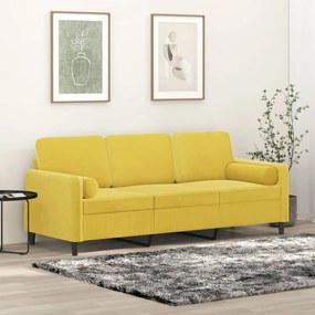 Sofá 3 lugares c/ almofadas decorativas 180 cm veludo amarelo
