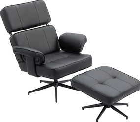 HOMCOM Poltrona relax ajustável com pufe, revestimento em couro sintético, encosto de cabeça regulável em altura, base em metal, preta | Aosom Portugal