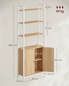 Estante com 6 prateleiras ajustáveis, 24 x 60 x 159,5 cm, cor carvalho dourado - branco