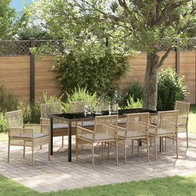 vidaXL Conjunto de Jantar de Jardim de 9 Peças com Cushions Bege Rattan Poli