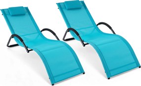Conjunto de 2 espreguiçadeiras de exterior com estrutura curva, encosto de cabeça removível e apoios de braços ergonómicos para jardim ou praia, azuis