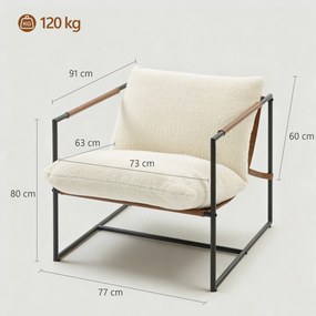 Poltrona de sala  77x91x80 cm, estofada em tecido bouclé, assento largo e estrutura em aço,, creme