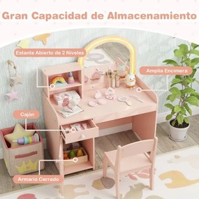 Conjunto de toucador e cadeira para crianças a partir dos 3 anos com prateleiras, gaveta, armário, luzes LED de 2 cores, espelho acrílico