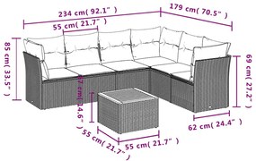 7 pcs conjunto sofás p/ jardim c/ almofadões vime PE cinzento