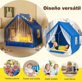 Tenda Infantil com Tapete de Algodão Lavável, Luzes de Estrelas e Janelas 122 x 105 x 125 cm Azul