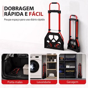 Carrinho de Carga Dobrável com Pega Telescópica Ajustável, 60 kg, com Rodas, para Garagem e Escritório, Vermelho