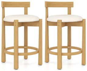 Conjunto de 2 bancos altos de bar estofados em veludo Teddy com encosto e apoio para os pés em madeira Natural+Branco