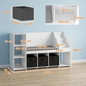 Estante Infantil para Brinquedos com Canto de Leitura Almofada 3 Gavetas de Tecido 3 Prateleiras 4 Compartimentos 137x40x80 cm Branco