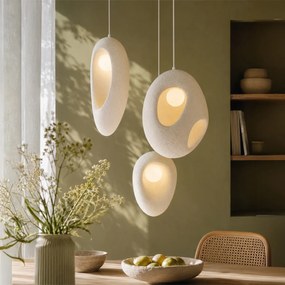 Candeeiro Pendente Japandi Branco com Abajur Orgânico 3 Luzes - Moonstone