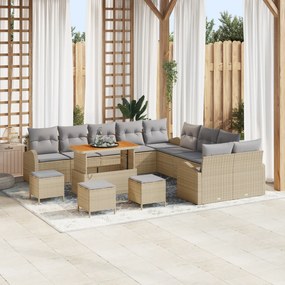 Conjunto de Sofá de Jardim com 14 Peças e Almofadas Bege Rattan Poliéster Acácia