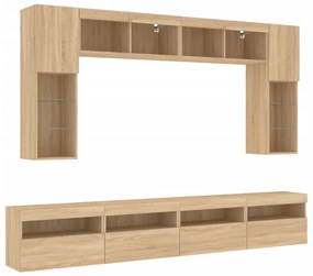 8 pcs conj. móveis de parede p/ TV c/ luzes LED carvalho sonoma