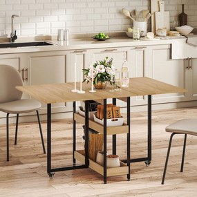 Mesa de jantar dobrável com rodas para 4 pessoas 133,4 x 80  x 75 cm (Desdobrada), com compartimentos abertos, ideal para espaços reduzidos cor carval