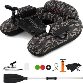 Barco de pesca insuflável 111 x 104 x 46 cm, com remo de alumínio, suporte ajustável para cana de pesca, bolsos de armazenamento, Camuflado