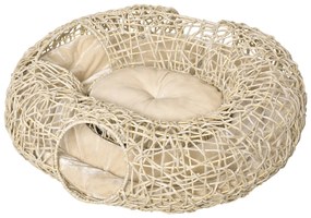 PawHut Cama para Gatos de Vime PE 78x69x22cm Cama para Gatos com Almofada Suave 3 Orifícios de Acesso e Canal em Forma de Anel Natural